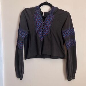 Free People Boho Crop Hoodie Charcoal Gray Red Blue Tribal Embroidered Buttons